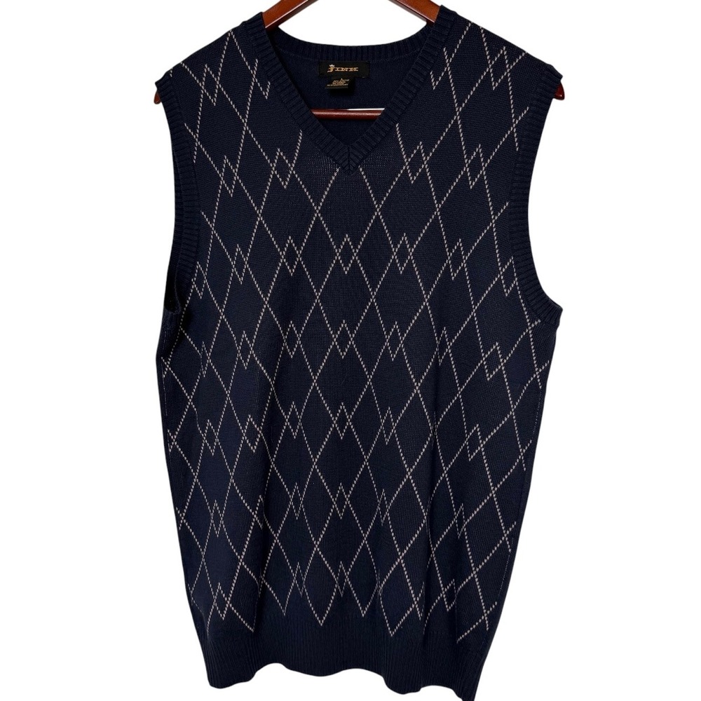 Fink Mens Navy Blue Argyle V-Neck Sweater Vest Size L Made in Australia